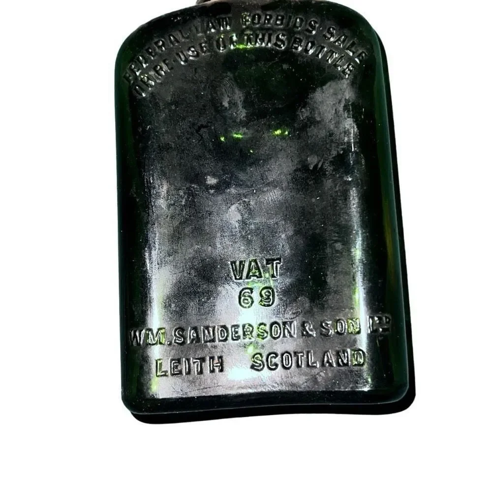Antique Leith Scotland Black Glass Sanderson & Son Liquor Bottle Size 7” x 3.5”